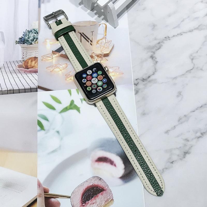 Two-Color Stitching Lychee Textuur Lederen Vervanging Strap Horlogeband voor Apple Watch Series 6 & SE & 5 & 4 40mm / 3 & 2 & 1 38mm (White Green)