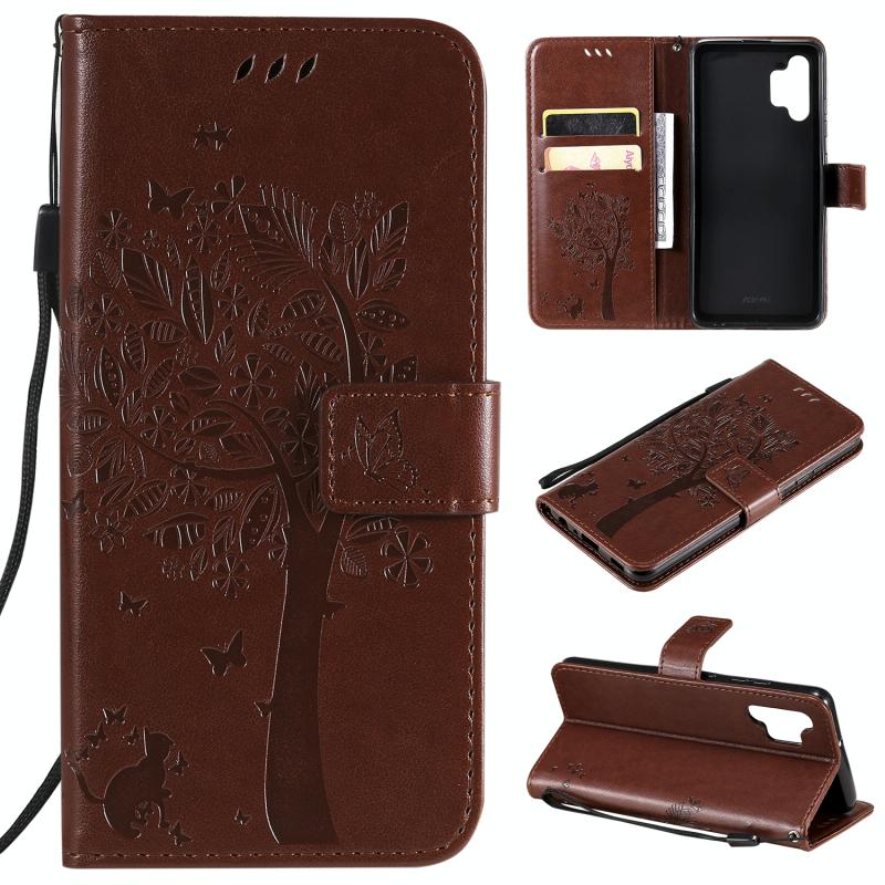 Voor Samsung Galaxy A32 4G Tree & Cat Pattern Pressed Printing Horizontale Flip PU Lederen Case met Houder & Card Slots & Wallet & Lanyard (Coffee)