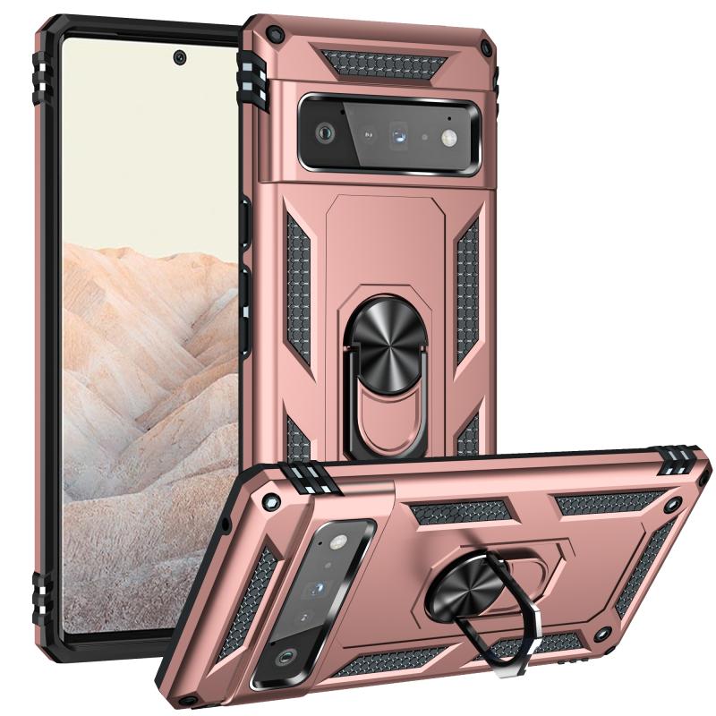 Voor Google Pixel 6 Pro Shockproof TPU + PC-beschermhoes met 360 graden roterende houder (ROSE GOUD)