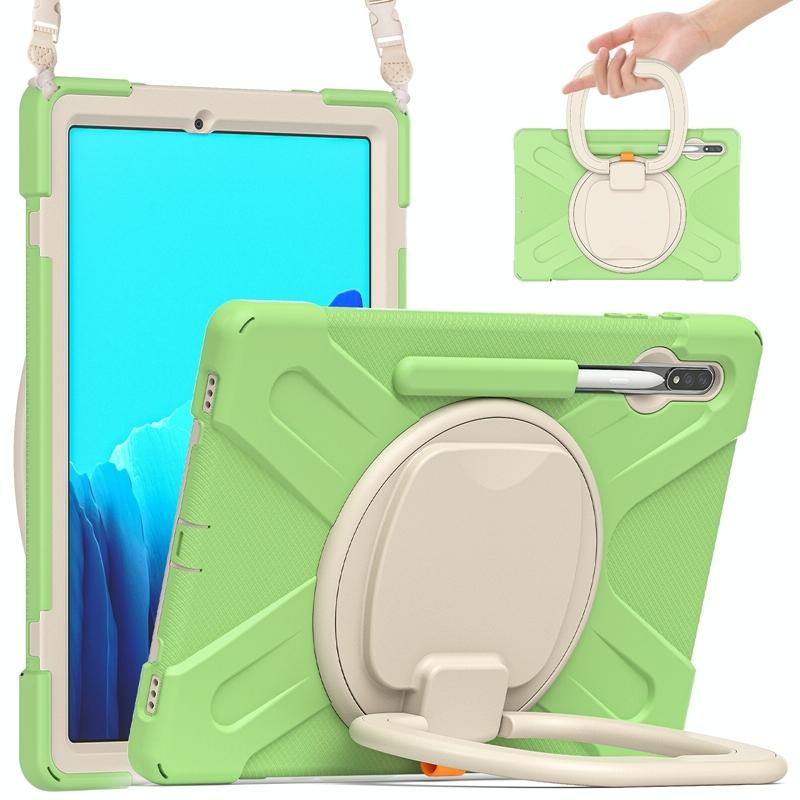 For Samsung Galaxy Tab S7+ T970/T975 Silicone + PC Protective Case with Holder & Shoulder Strap(Matcha Green)