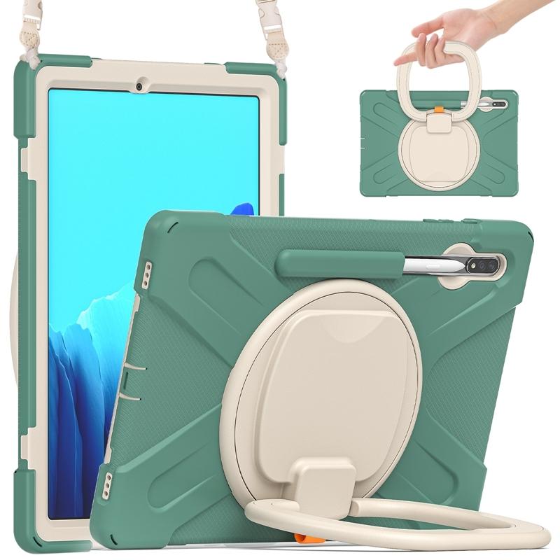 For Samsung Galaxy Tab S7+ T970/T975 Silicone + PC Protective Case with Holder & Shoulder Strap(Emerald Green)