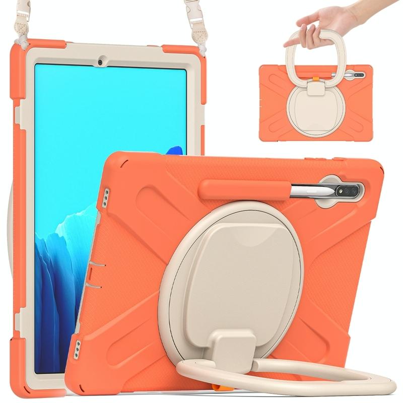 For Samsung Galaxy Tab S7+ T970/T975 Silicone + PC Protective Case with Holder & Shoulder Strap(Living Coral)