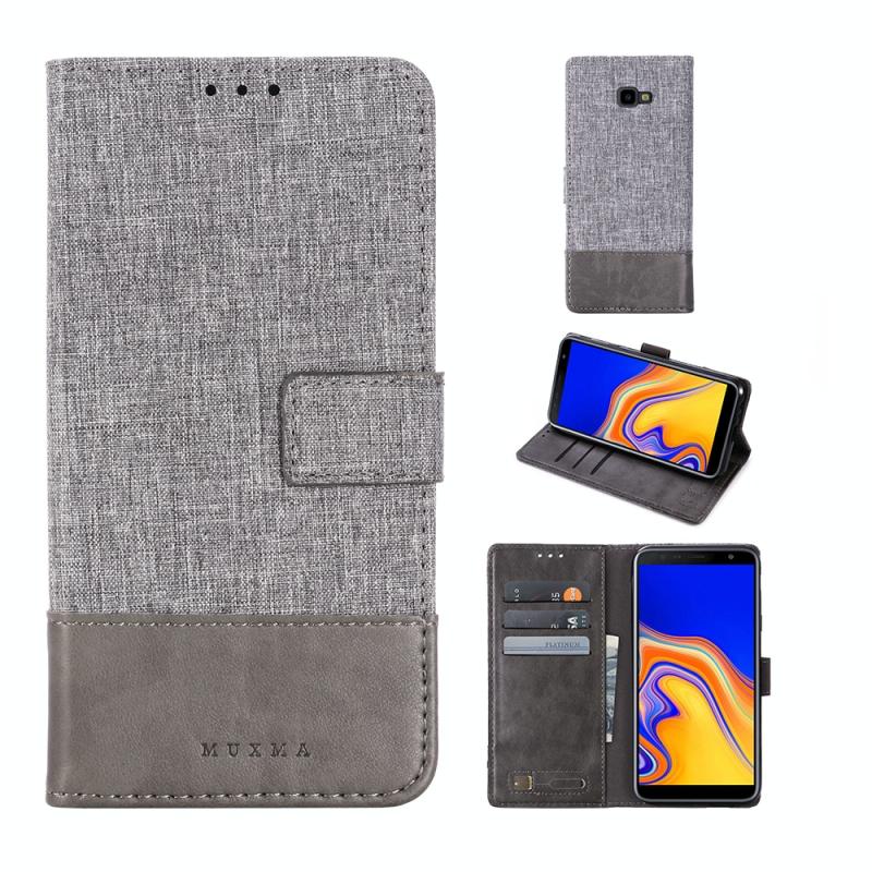 Voor Galaxy J4 plus MUXMA MX102 horizontale Flip canvas lederen draagtas met stand & Card slot & Wallet functie (grijs)