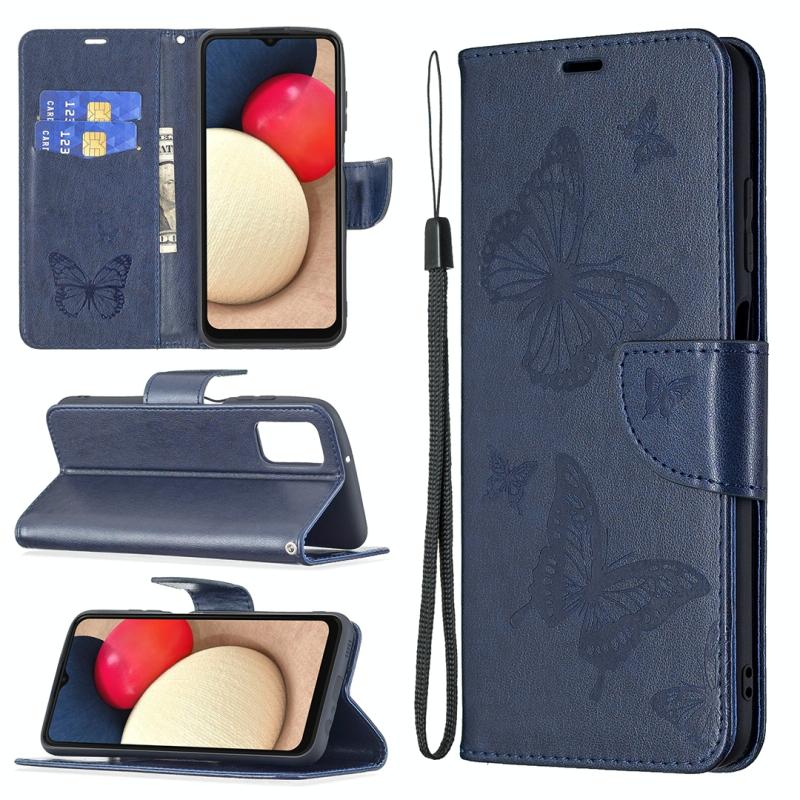 Voor Samsung Galaxy A03S Embossing Two Butterflies Pattern Horizontal Flip PU Lederen Case met Houder & Card Slot & Portemonnee & Lanyard (Blauw)