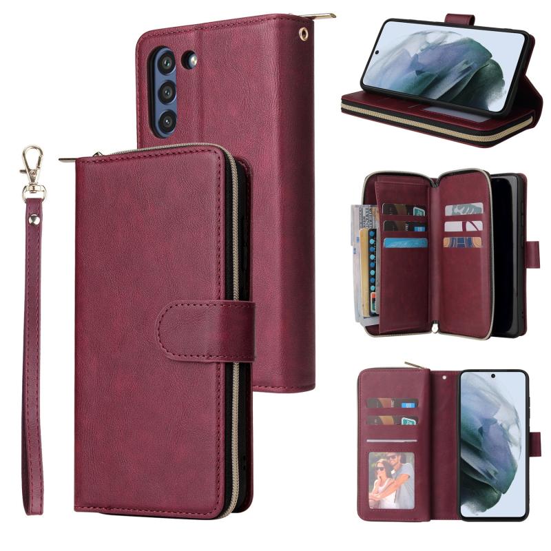 Voor Samsung Galaxy S21 FE Zipper Portemonnee Bag Horizontale Flip PU Lederen Case met Houder & 9 Kaart Slots & Portemonnee & Lanyard & Photo Frame (r