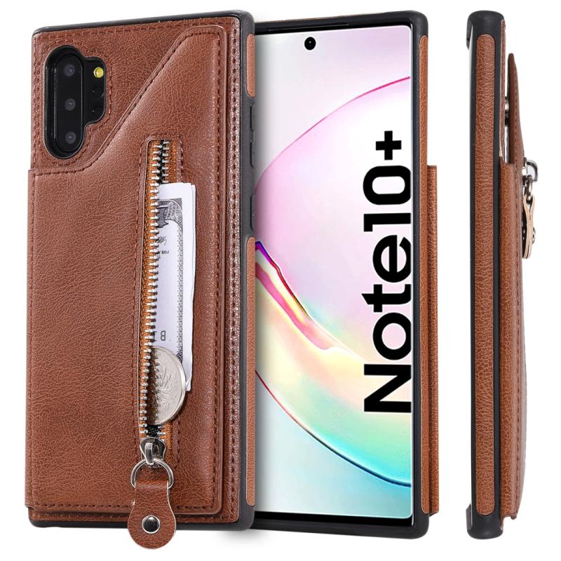 Voor Galaxy Note 10 plus effen kleur dubbele gesp rits schokbestendige beschermhoes (bruin)