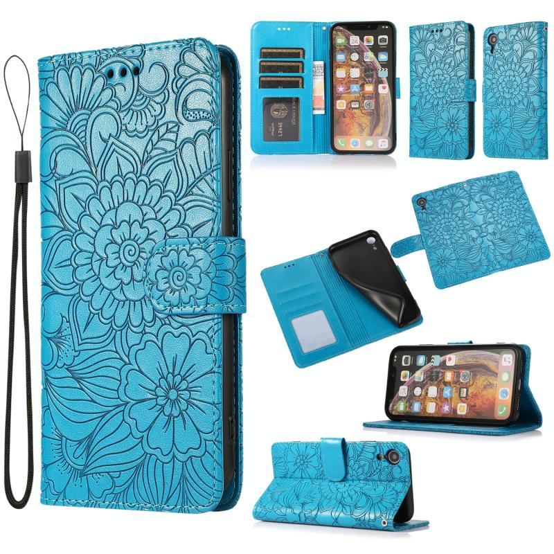 Huid voelt in reliëf gemaakte zonnebloem horizontale flip lederen tas met houder & kaart slots & portemonnee & lanyard voor iPhone XR