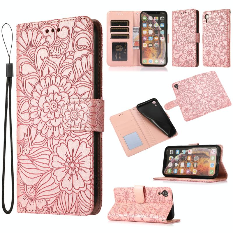 Skin Feel Embossed Sunflower Horizontal Flip Leather Case with Holder & Card Slots & Wallet & Lanyard For iPhone XR(Rose gold)