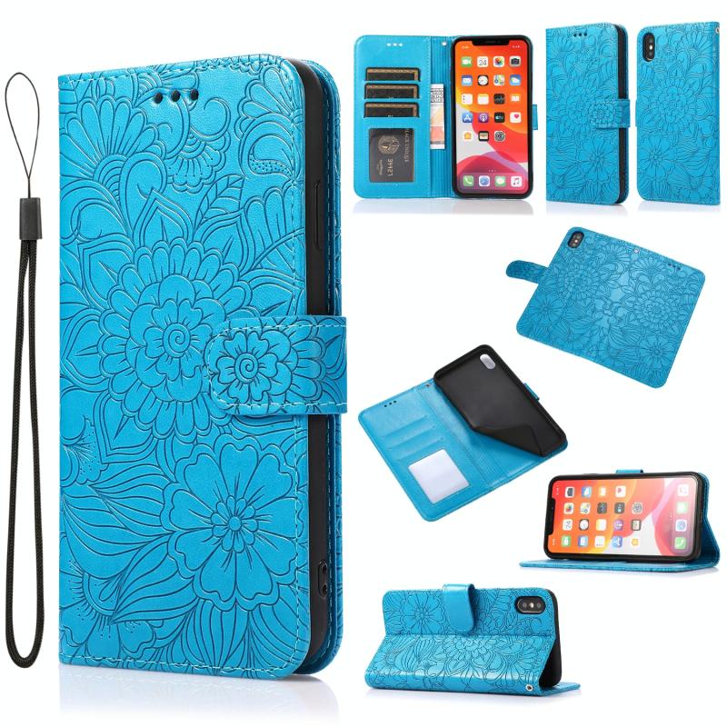 Huid gevoel in reliëf van de zonnebloem horizontale flip lederen tas met houder & kaart slots & portemonnee & lanyard voor iPhone X / XS