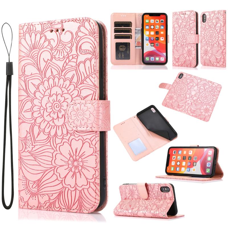 Skin Feel Embossed Sunflower Horizontal Flip Leather Case with Holder & Card Slots & Wallet & Lanyard For iPhone XS Max(Rose gold)