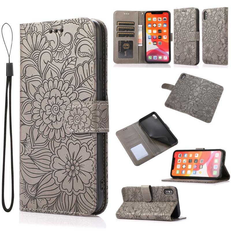 Skin Feel reliëf zonnebloem horizontale flip lederen geval met houder kaart slots & portemonnee & lanyard voor iPhone XS Max (grijs)