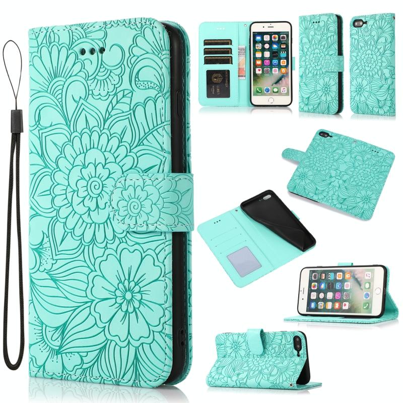 Skin Feel Embossed Sunflower Horizontal Flip Leather Case with Holder & Card Slots & Wallet & Lanyard For iPhone 7 Plus / 8 Plus(Green)