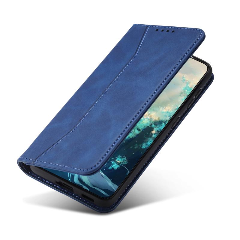 Voor Samsung Galaxy A72 skin-feel kalfshuid textuur magnetische dual-fold horizontale flip lederen hoesje met houder en kaart slots &portemonnee (blau