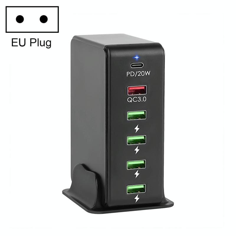 6 in 1 65W PD USB-C / Type-C + QC 3.0 USB + 4 USB Multi-port Travel Charger EU Plug (Zwart)