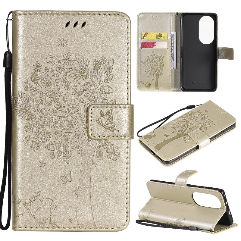 For Huawei P50 Pro Tree & Cat Pattern Pressed Printing Horizontal Flip PU Leather Case with Holder & Card Slots & Wallet & Lanyard(Gold)
