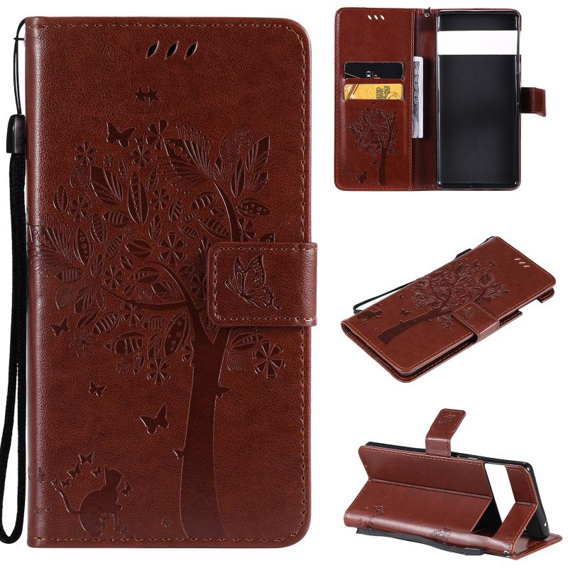 For Google Pixel 6 Pro Tree & Cat Embossed Pattern Horizontal Flip Leather Case with Holder & Card Slots & Wallet & Lanyard(Coffee)