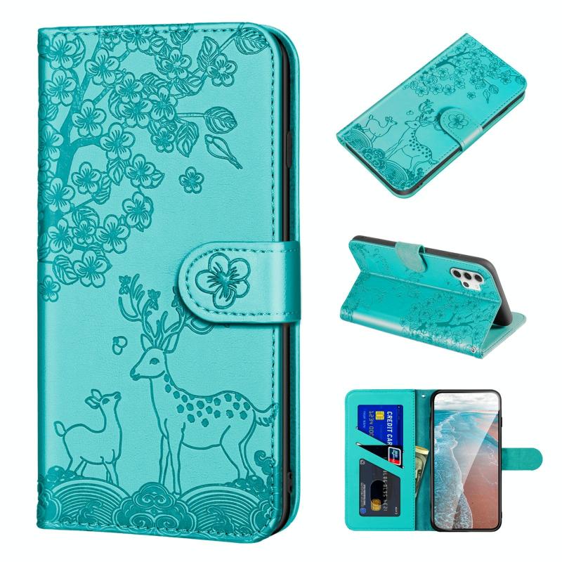 Voor Samsung Galaxy A32 5G Sika Deer Embossing Patroon Horizontale Flip PU Lederen Case met Houder & Card Slot & Portemonnee & Photo Frame (Lake Blue)