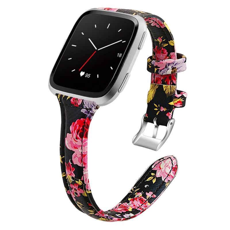 Voor Fitbit Versa 2 Smart Watch Echte Lederen Polsband Watchband Shrink Version (Pink Flower)