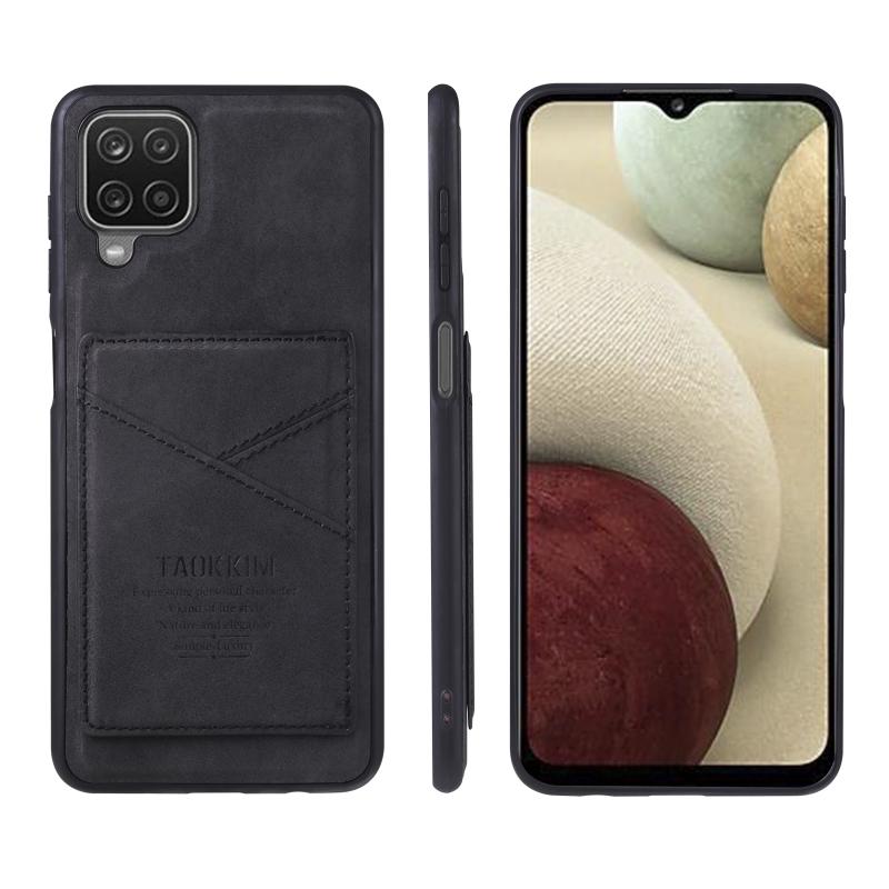 Voor Samsung Galaxy A12 TAOKKIM Retro Matte PU Leer + PC + TPU Shockproof Back Cover Case met Houder & Kaart Slot (Zwart)