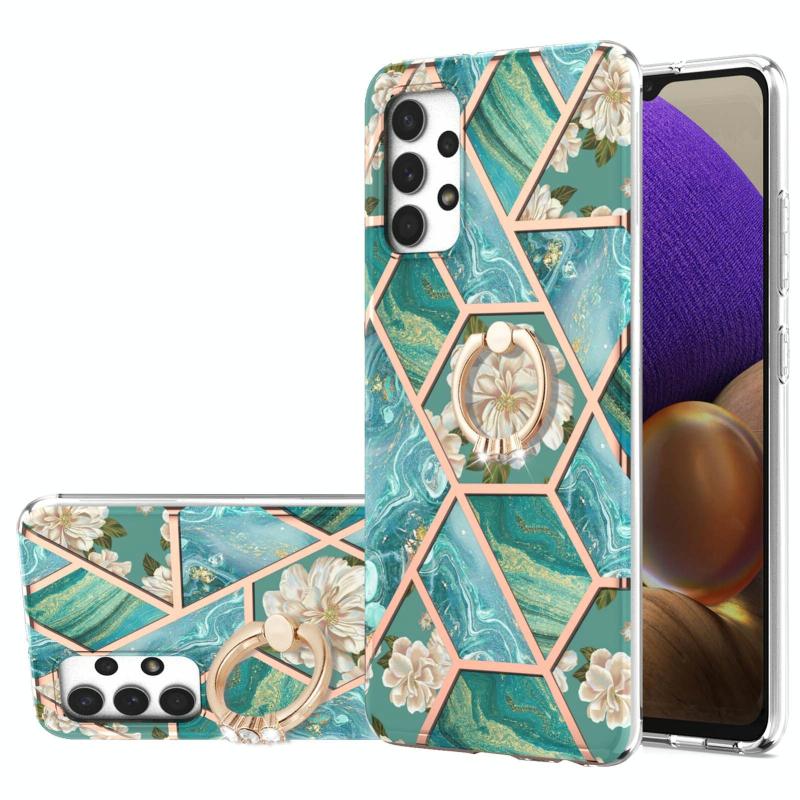 Voor Samsung Galaxy A32 4G EU-versie Electroplating Splicing Marmeren Bloempatroon TPU Schokbestendig Case met Rhinestone Ringhouder (Blauwe Bloem)