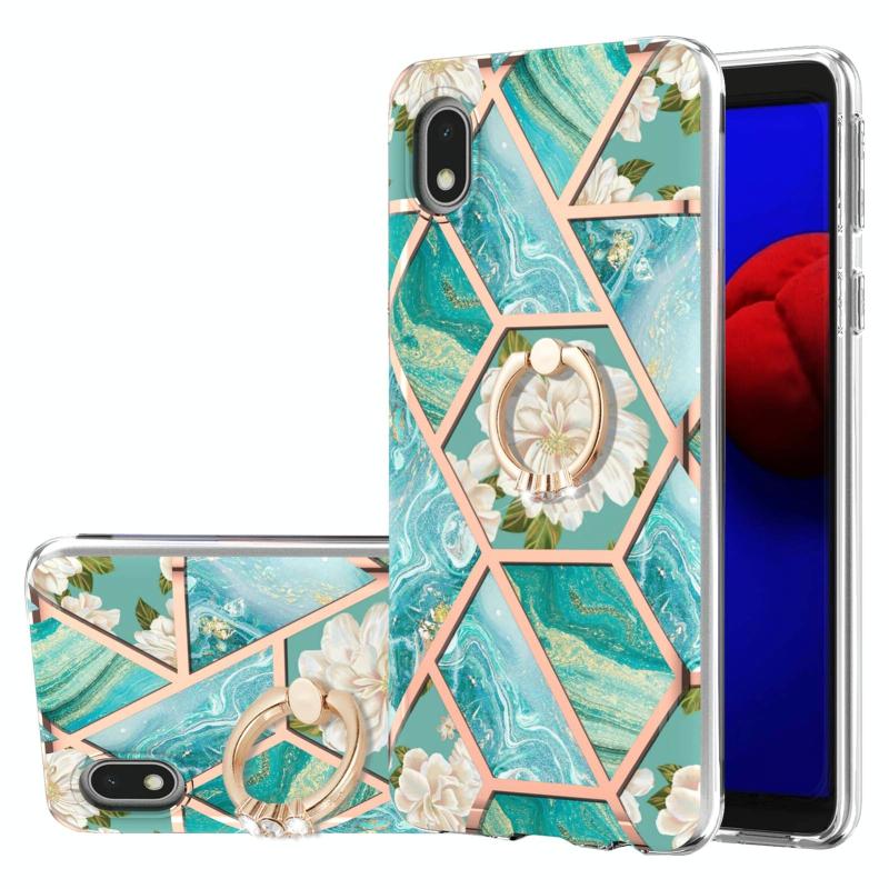 Voor Samsung Galaxy A01 Core Electroplating Splicing Marmeren Bloempatroon TPU Schokbestendig Case met Rhinestone Ringhouder (Blauwe Bloem)