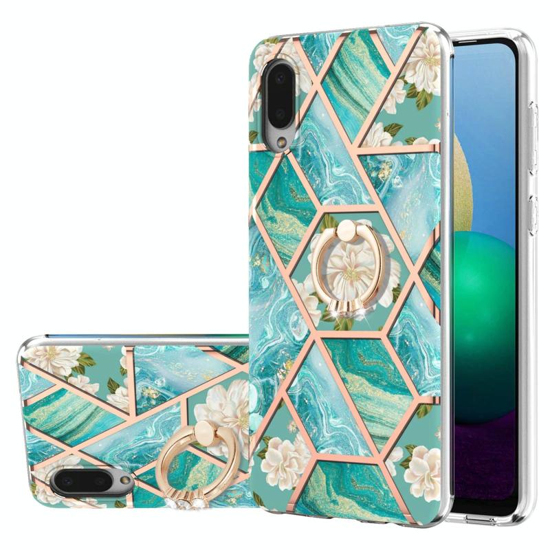 Voor Samsung Galaxy A02 / M02 Electroplating Splicing Marmeren Bloem Patroon TPU Schokbestendig Case met Rhinestone Ring Holder (Blue Flower)