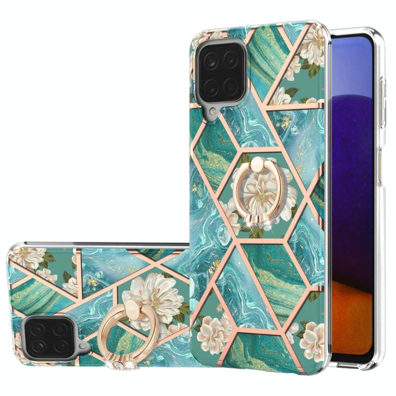 Voor Samsung Galaxy A12 5G / F12 / M12 Electroplating Splicing Marmeren Bloempatroon TPU Schokbestendig Case met Rhinestone Ringhouder (Blauwe Bloem)