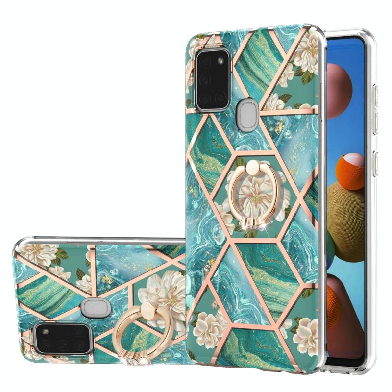 Voor Samsung Galaxy A21S Electroplating Splicing Marmeren Bloempatroon TPU Schokbestendig Case met Rhinestone Ringhouder (Blauwe Bloem)