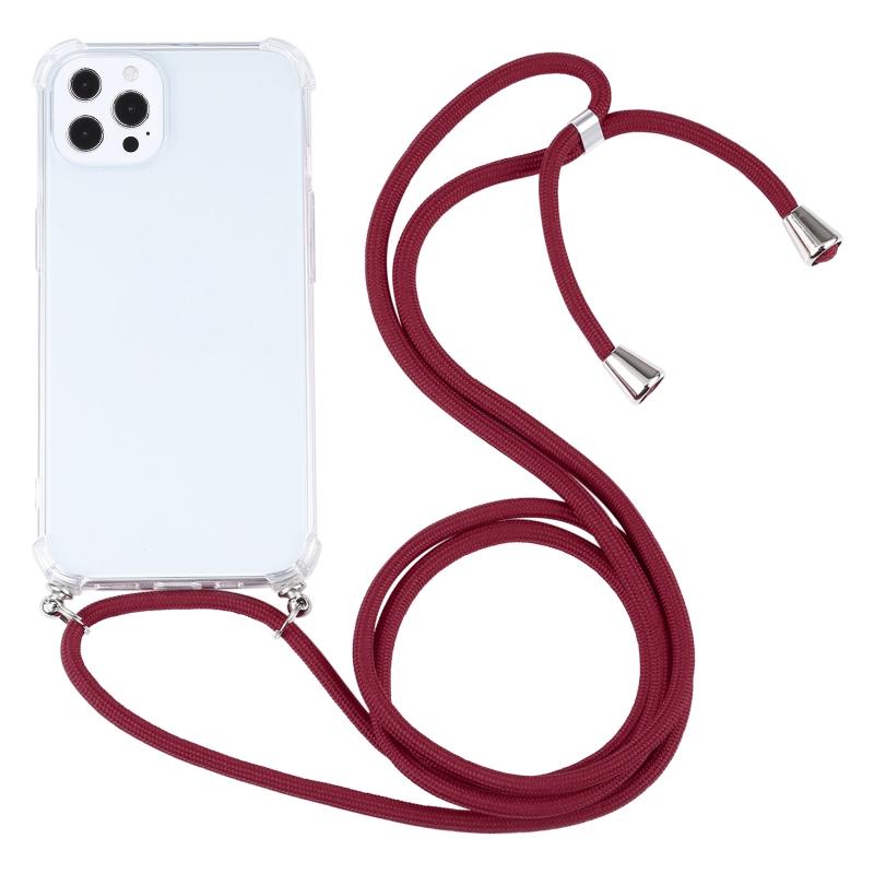 Vierhoekige schokbestendige transparante TPU-beschermhoes met lanyard voor iphone 13 pro max (wijn rood)