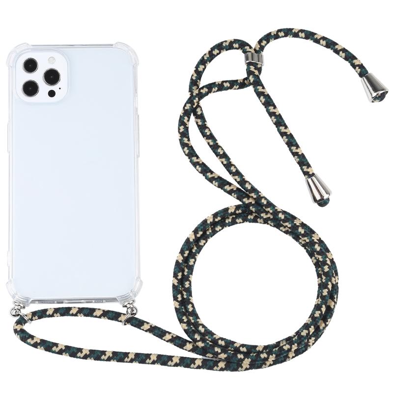 Vierhoek schokbestendige transparante TPU-beschermhoes met lanyard voor iphone 13 pro max (zwart groen goud)