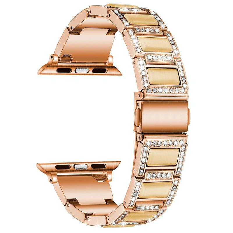 Three-Beads Diamond + edelsteen vervangende band horlogeband voor Apple Watch Series 6 & SE & 5 & 4 44mm / 3 & 2 & 1 42mm (Rose Gold White)