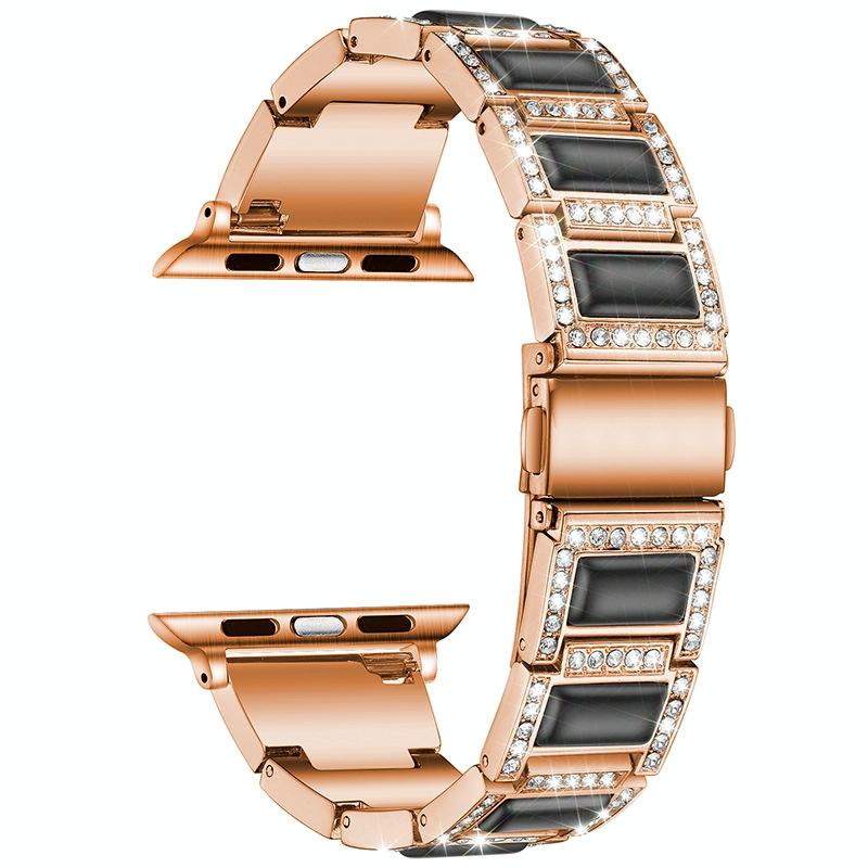 Drie-kralen diamant + edelsteen vervangende band horlogeband voor Apple Watch Series 6 & SE & 5 & 4 44mm / 3 & 2 & 1 42mm (Rose Gold Black)