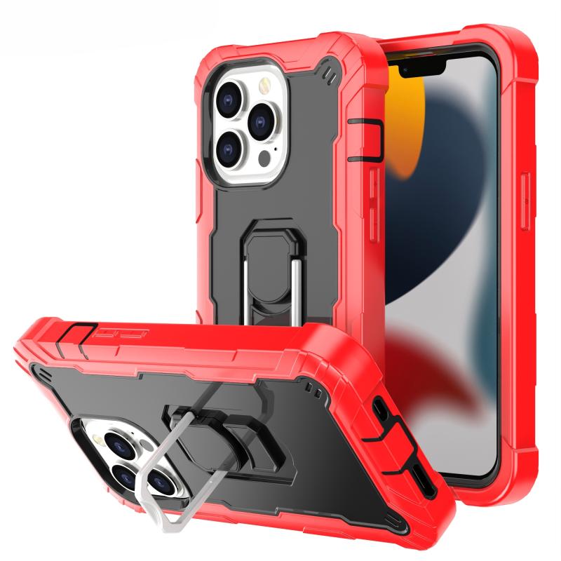 PC + Rubber 3-lagen schokbestendige beschermhoes met roterende houder voor iPhone 13 pro (rood + zwart)
