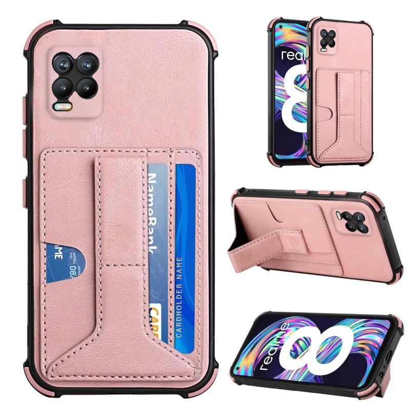 Voor Oppo Realme 8 Dream PU + TPU vierhoek schokbestendig achteromslag met kaartslots & houder (rose goud)