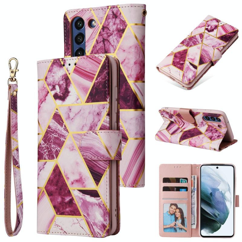 Voor Samsung Galaxy S21 Fe 5G Marble Bronzing Stiksels Horizontale Flip PU Lederen Case met Houder & Card Slots & Portemonnee & Fotolijst (Paars)