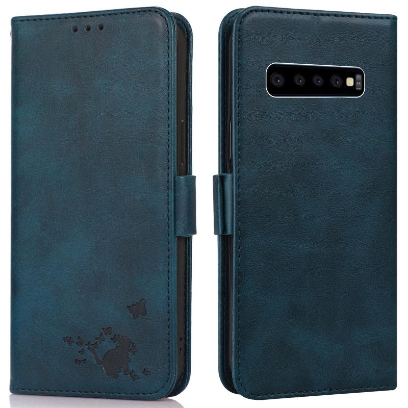 Voor Samsung Galaxy S10 reliëf kat vlinders patroon horizontale flip lederen geval met kaartsleuf en houder & portemonnee (blauw)