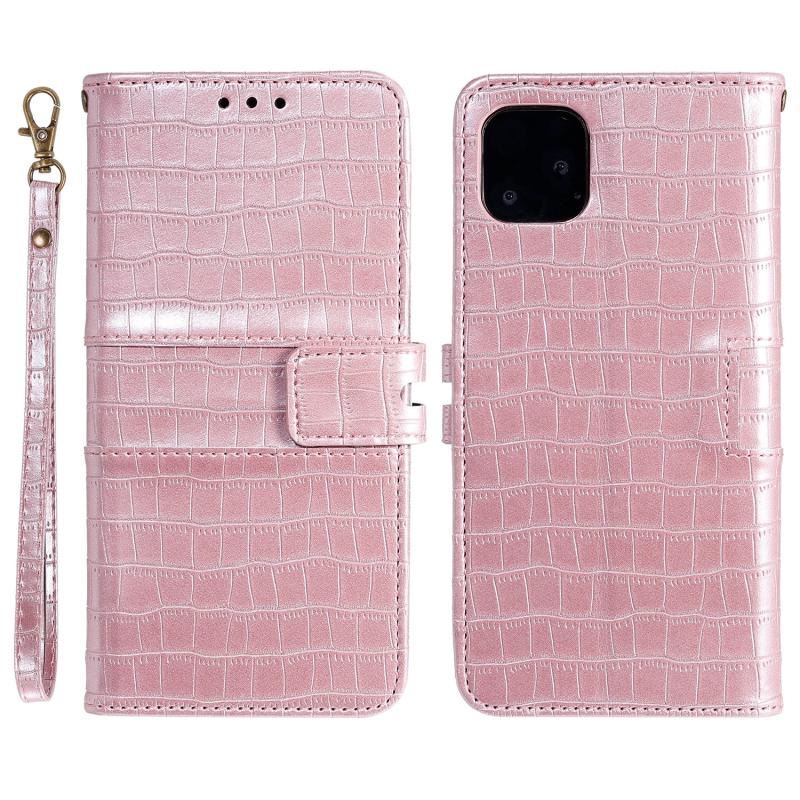 Regelmatige krokodil textuur horizontale flip lederen tas met houder & kaart slots & portemonnee en fotolijst & lanyard voor iphone 13 (rose goud)