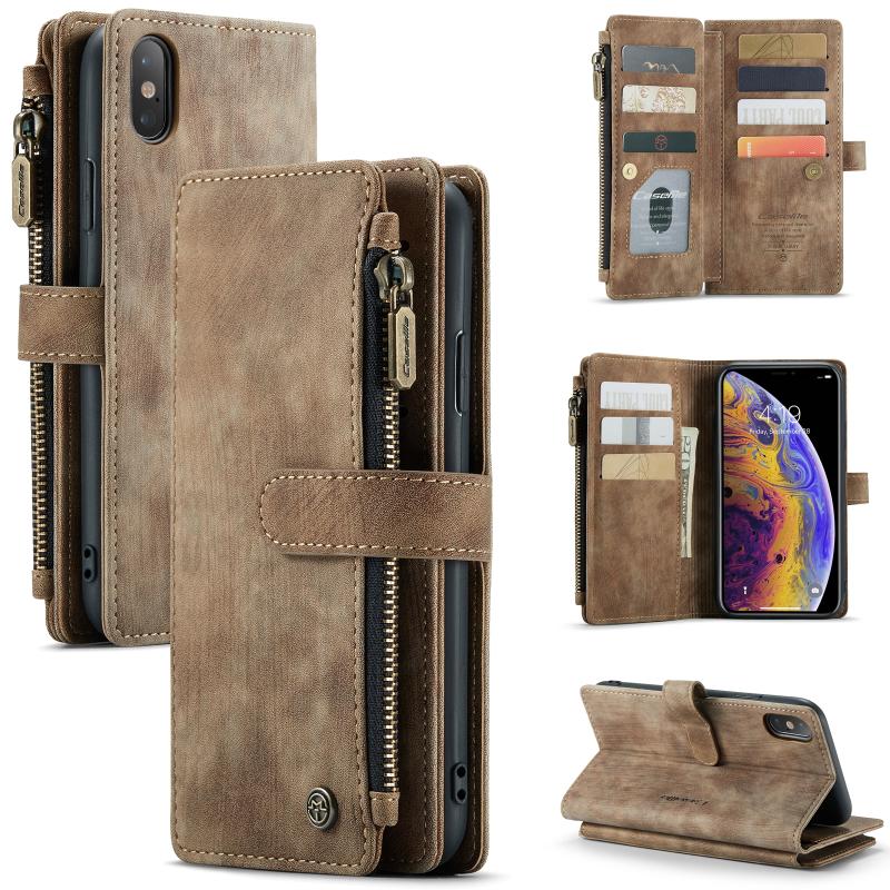 Caseme-C30 PU + TPU Multifunctionele Horizontale Flip Leren Case met Houder & Card Slot & Portemonnee & Rits Pocket voor iPhone XS MAX (Brown)