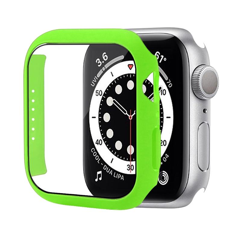 Schokbestendige pc beschermende hoes met gehard glas film voor Apple Watch Series 7 41mm (helder groen)