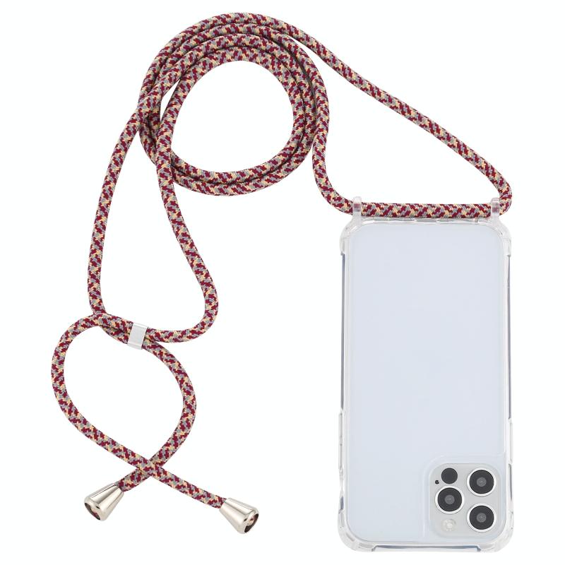 Transparante acryl airbag schokbestendige telefoon beschermhoes met lanyard voor iphone 13 mini (rode abrikozen grijze fijne lijnen)
