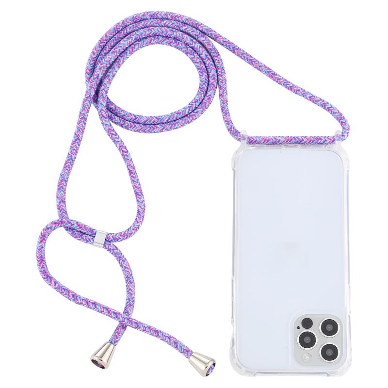 Transparante acryl airbag schokbestendige telefoon beschermhoes met lanyard voor iphone 13 mini (paarse regenboog)