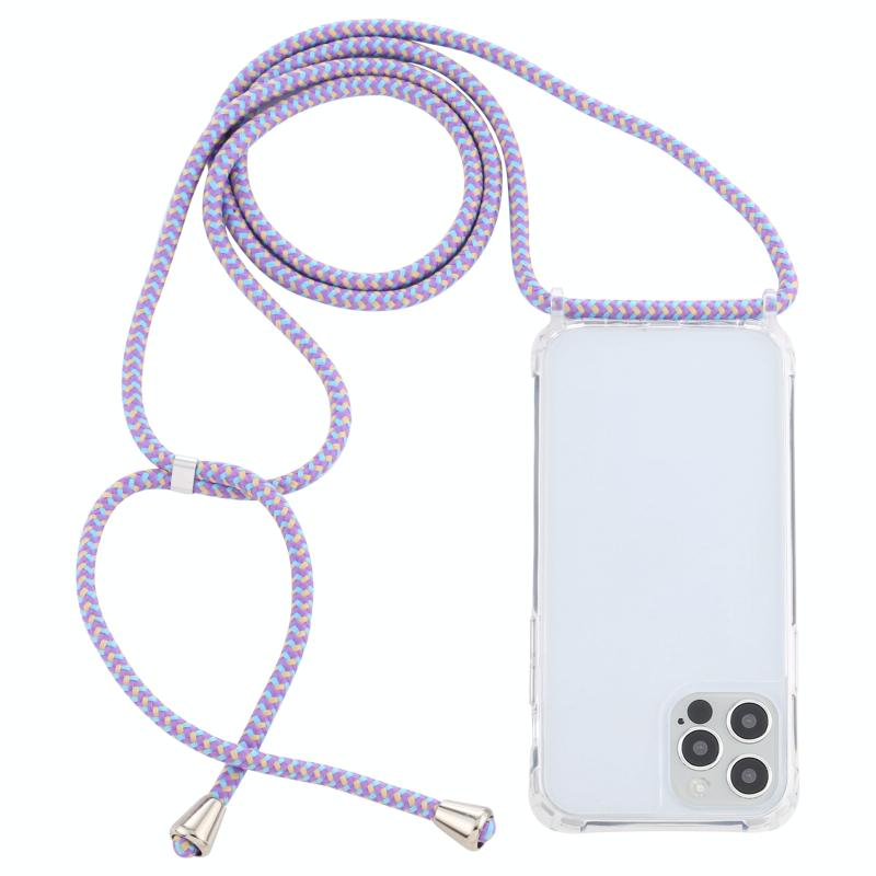 Transparante acryl airbag schokbestendige telefoon beschermhoes met lanyard voor iphone 13 mini (paars blauwe abrikoos)