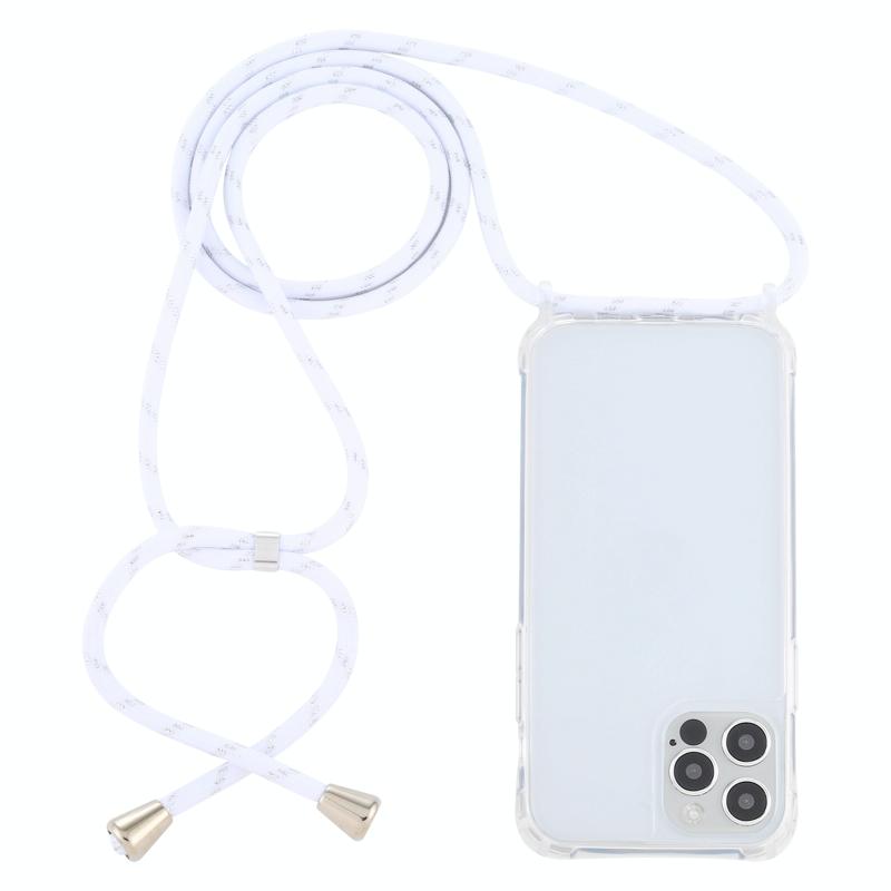Transparante acryl airbag schokbestendige telefoon beschermhoes met lanyard voor iphone 13 mini (wit goud)