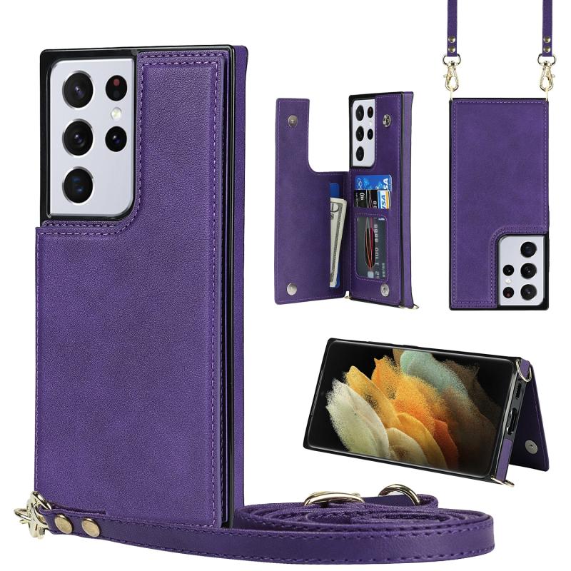 Voor Samsung Galaxy S21 Ultra 5G Cross-Body Square Double Buckle Flip Card Tas TPU + PU Case met Kaart Slots & Portemonnee & Photo & Strap (Purple)