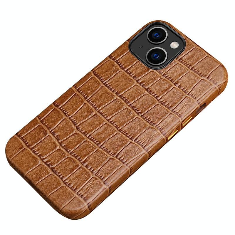 Crocodile Textuur Top Laag Koeienhuid Leer Back Cover Shockproof Case voor iPhone 13 (Bruin)