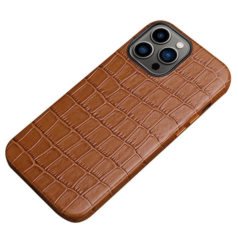 Krokodil Textuur Top Laag Koeienhuid Leer Achterkant Schokbestendig Case voor iPhone 13 Pro (Brown)