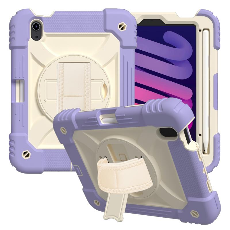 Schokbestendig PC + Siliconencombinatie Case met Houder & Handriem & Schouderriem voor iPad Mini 6 (Paars)