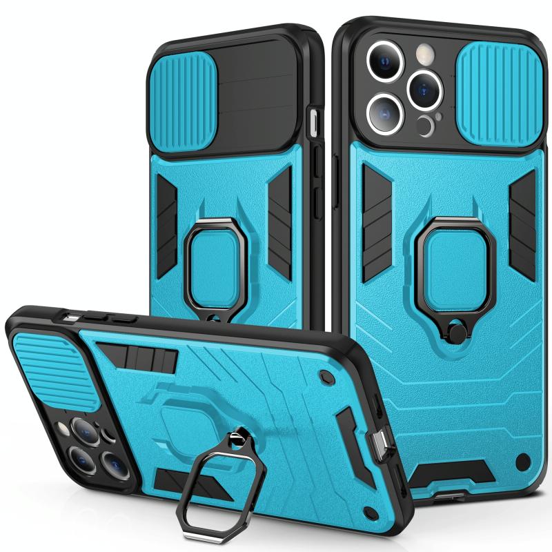 Schuifcamera Cover Design TPU + PC Shockproof Case met ringhouder voor iPhone 13 Mini (Sky Blue)