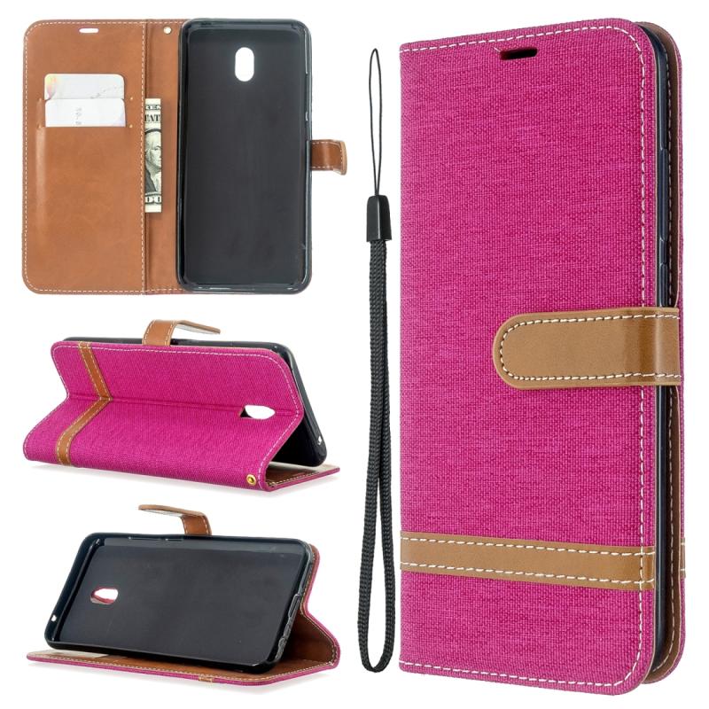 Voor Xiaomi Redmi 8A Color Matching Denim Texture Horizontal Flip PU Leather Case met Holder & Card Slots & Wallet & Lanyard(Rose Red)