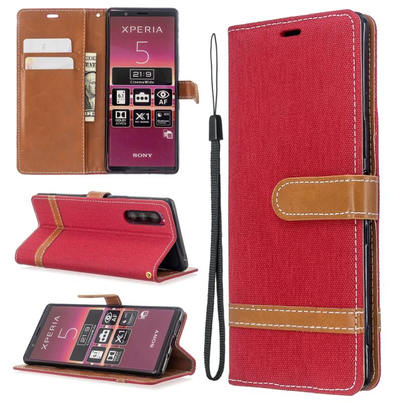 Voor Sony Xperia 5 / XZ5 Color Matching Denim Texture Horizontal Flip PU Leather Case met Holder & Card Slots & Wallet & Lanyard(Red)